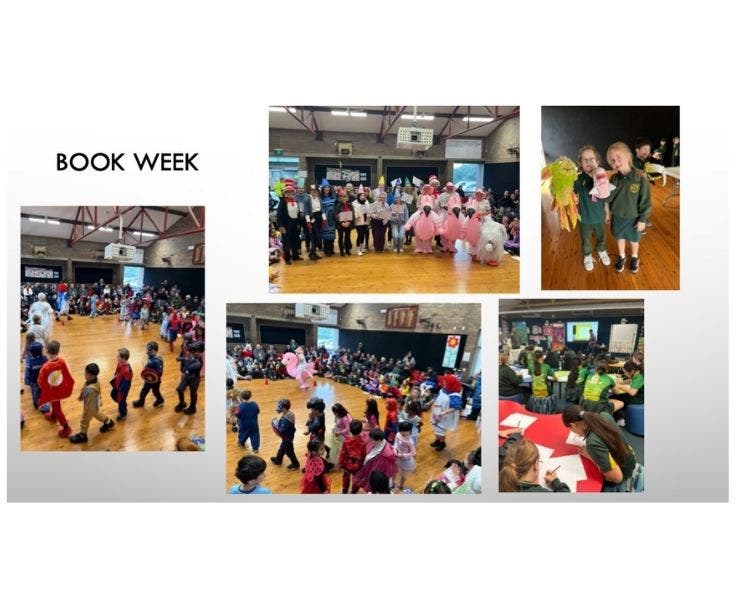 5 photos of students and staff in the book week parade.