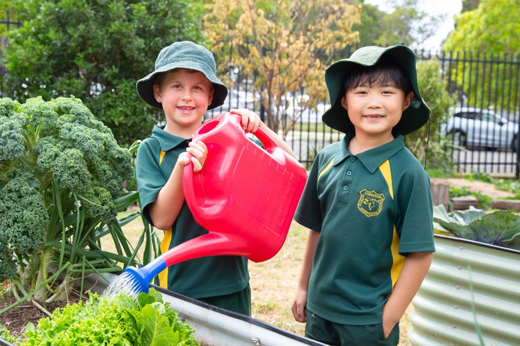 Students watering the garden beds.