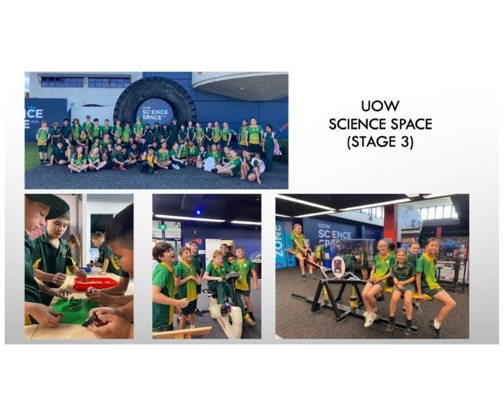 A selection of photos showing students at the science space participating in activities. e