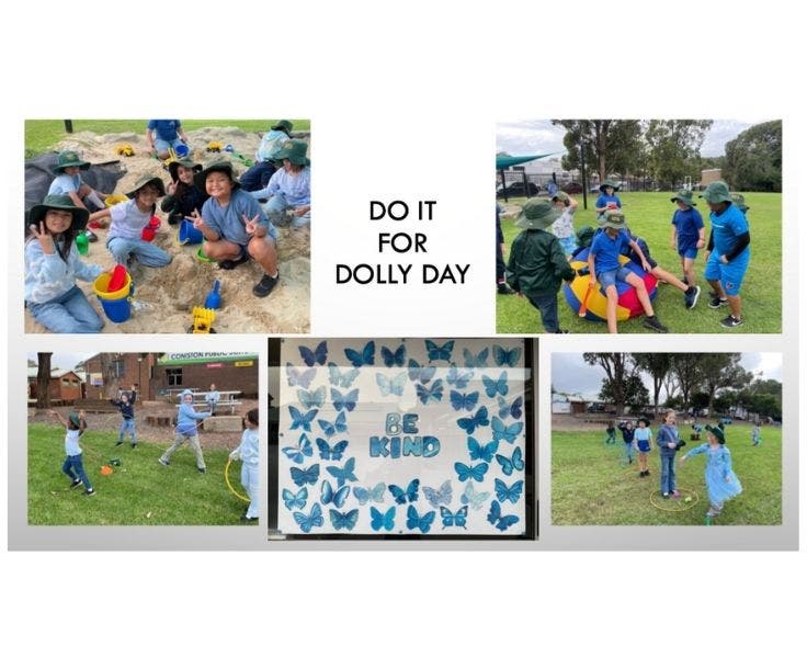 A selection of photos showing students dressed in blue playing.