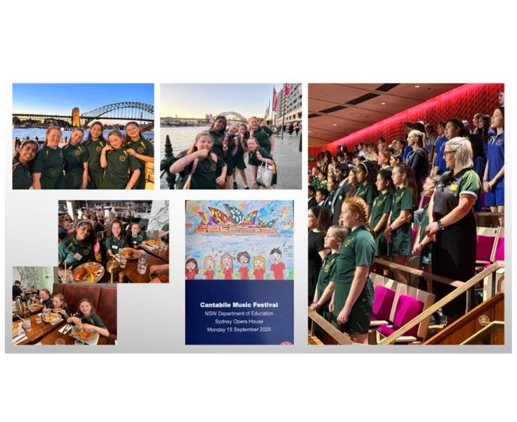 A selection of phtotos showing six students singing at the opera house and in front of the harbour bridge.
