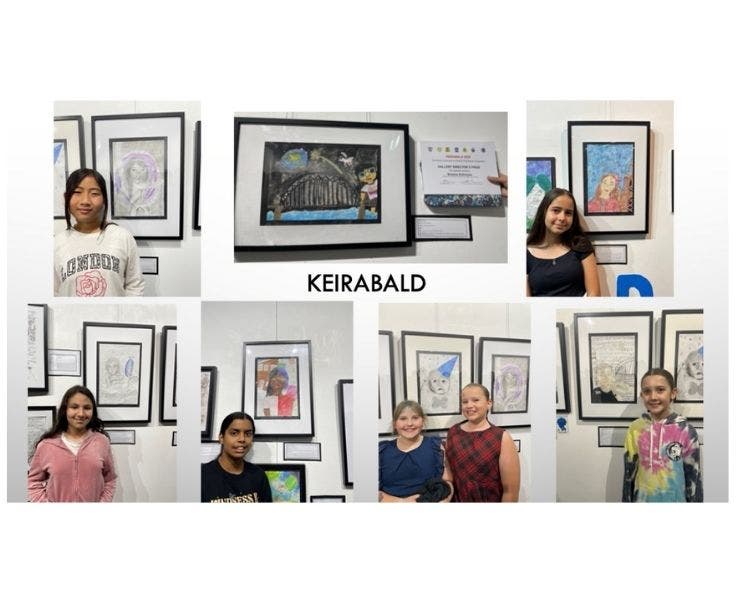 A selection of photos of students with their artworks.